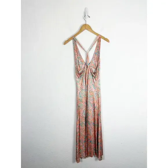 Free People Nowhere To Be Slip Dress Medium Midi Coral Floral Stretch Satin - Picture 13 of 14